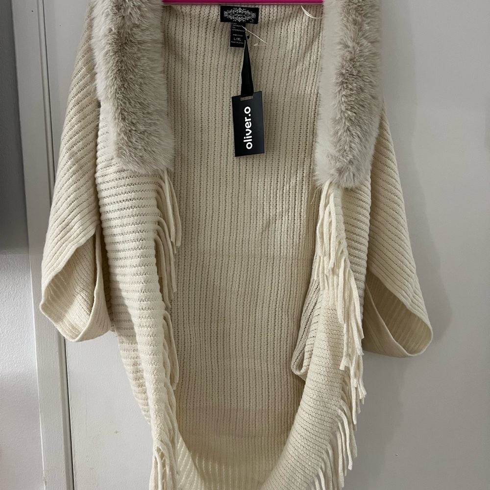 Cream Faux Fur-Trim Knit Poncho Sweater - Women